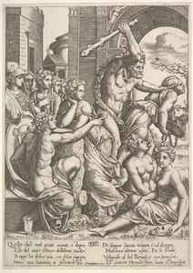 Envy or Avarice at the right being driven from the temple of the Muses by Hercules who raises a club, the muses watching from the left