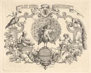 Epithalamium, at center a winged putto seated on a peacock standing on a barrel, at left a figure in fur-lined hat and outercoat holds a piece of wood over a brazier, at right a figure dressed in an ivy crown holds a goblet in one hand and a bottle in the other, surrounded by scrollwork and grapevines
