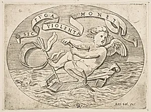 Eros Escaping by Sea; Cupid using his bow to propel a boat made from his quiver with an arrow as the mast and his blindfold as the sail, a banderole above by Marco Dente|Raphael (Raffaello Sanzio or Santi)|Antonio Salamanca