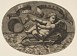 Eros escaping by sea using his bow to propel a boat made from his quiver with an arrow as the mast and his blindfold as the sail, a banderole above by Marco Dente|Raphael (Raffaello Sanzio or Santi)
