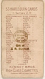 Example of card verso from Harlequin Cards, 2nd Series (N220) issued by Kinney Bros. by Kinney Brothers Tobacco Company