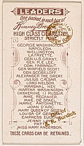 Example of card verso from Leaders series (N222) issued by Kinney Bros. by Kinney Brothers Tobacco Company