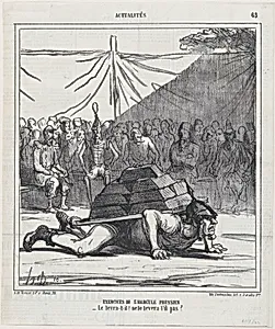 Exercises of the Prussian Hercules: Will he or won't he be able to lift it up?, from 'News of the day,' published in Le Charivari, April 16, 1866 by Honoré Daumier|Arnaud de Vresse|Destouches