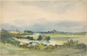 Extensive landscape prospect with a fortified building on hill in the background (recto); Study of a landscape and a female figure (verso)