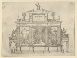 Façade of a triumphal monument with three scenes depicting deeds of Pope Clement VIII, a temporary decoration for the entry of Pope Clement VIII in Bologna in 1598