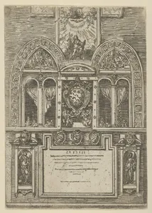 Façade of the Palazzo del Senato in Bologna with the Papal arms at center, with temporary decorations for the entry of Pope Clement VIII in Bologna in 1598