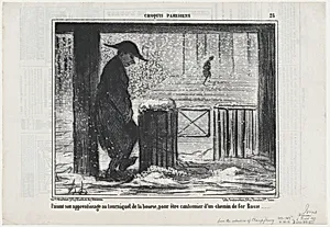 Faisant son apprentissage au tourniquet de la bourse..., from Croquis Parisiens, published in Le Charivari, February 6, 1857 by Aaron Martinet|Honoré Daumier|Destouches