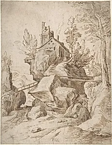 Fantastic Rocky Landscape with a Farmhouse and Three Foot Bridges by Matthijs Bril the Younger|Anonymous, Netherlandish, 16th century