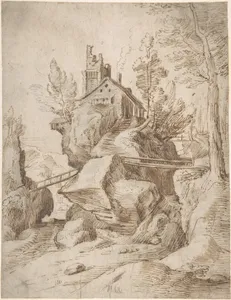Fantastic Rocky Landscape with a Farmhouse and Three Foot Bridges