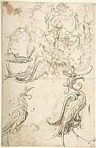 Fantastical creatures, birds, and strapwork cartouche (recto); grotesque mask and kneeling priest (verso) by Andrés de Melgar