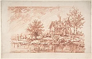 Farm House along a River, two figures at left by Antoine Watteau