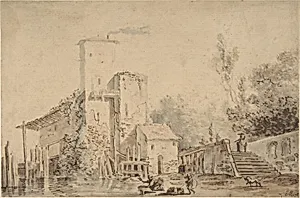 Farm House by a River with Figures