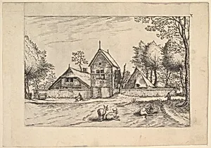 Farmstead, cows and herdsman in the foreground from Praediorum villarum et rusticarum casularum icones elenoantissimae ad vivum in apre deformatae by Johannes van Doetecum I|Lucas van Doetecum|Hieronymus Cock|The Master of the Small Landscapes|Pieter Bruegel the Elder|Cornelis Cort
