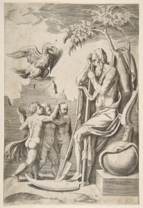 Father Time at the right leaning on a scythe, three naked boys and eagle at the left