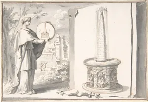Female Figure Holding a Coin and Image of a Fountain