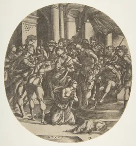 Female figure (Saint Catherine?) kneeling on the ground at center pleading to a male figure (Maximus?) who wears a crown and is seated on a throne at right; at left a figure with raised sword about to strike the woman; a group of figures looking on in the background
