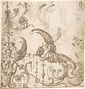 Female grotesque and harpy (recto); fantastical creatures and masks (verso) by Andrés de Melgar