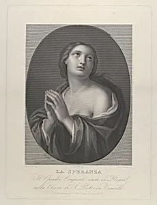 Female personification of Hope looking up with hands held together and left shoulder exposed, in an oval frame, after Reni by Guido Reni|Giovanni Buonafede|Giuseppe Ferretti