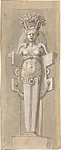 Female Term encased by a Strapwork Panel