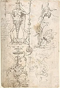 Female Term, seated figure, and fantastical creature (recto); Satyr and study of a woman and child (verso) by Andrés de Melgar