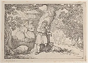 Fiddler, Sailor, Two Women and a Pig by a Cottage by Thomas Rowlandson
