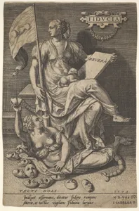 Fiducia, a seated woman holds a book and banner while turning her head away from a bare-breasted woman, who lies at her feet before an assemblage of masks on the ground, from the series 'Virtues conquering vices' after Maerten de Vos