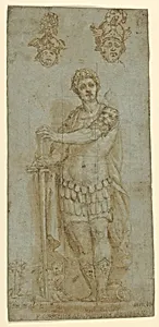 Figure in Roman Dress (Publius Cornelius Scipio Africanus) and Study of Two Helmets (recto); Sketches and Latin Inscription (verso) by Anonymous, Italian, 16th century
