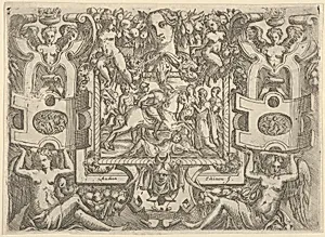 Figure on horseback holding a sword and riding over a figure lying on the ground, set within an elaborate frame by Andrea Schiavone (Andrea Meldola)|Battista Angolo del Moro|Jacques Androuet Du Cerceau