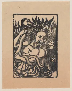 Figure pierced by an arrow, holding a serpent and surrounded by flames