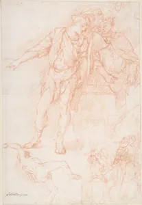 Figure Studies: Men Standing by a Large Vase, a Falling Nude Figure, and Other Figures