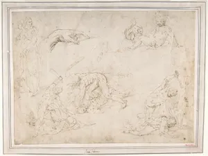 Figure Studies: Three Sketches of Cain Killing Abel, with an Altar of Sacrifice at Center, Two Standing Women, a Hand, and a Seated Child with a Squirrel