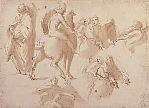 Figure Studies: Warrior on Horseback, and Groups of Standing Female Figures by Francesco Curia