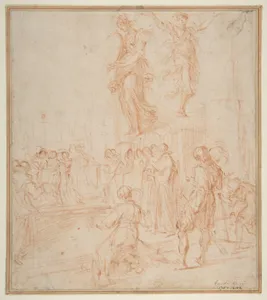 Figure Studies: Woman holding a Shield, a Dancing Female, and a Priest Supported at an Altar before a Group of Onlookers
