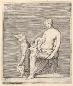 Figure with Pig and Serpent, from "Ex Antiquis Cameorum et Gemmae Delineata/ Liber Secundus/et ab Enea Vico Parmen Incis"