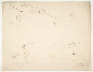 Figures in Battle and Head of a Horse (recto); Studies of a Man's Head and Arms (verso)