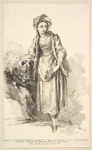 Fille de St. Jean de Patmos, Isle de l'Archipel, from Recueil de diverses fig.res étrangeres Inventées par F. Boucher P.tre du Roy et Gravées par F. Ravenet (Collection of Various Foreign Figures, Devised by F. Boucher, Painter of the King and Engraved [etched] by F. Ravenet), plate 6