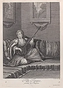 Fille Turque, jouant du Tehegour, plate 51 from "Recueil de cent estampes représentent differentes nations du Levant" by Jacques le Hay|Gérard Jean Baptiste Scotin I|Jean Baptiste Vanmour