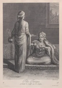 Fille Turque, prenant le Caffé sur le Sopha, plate 48 from "Recueil de cent estampes représentent differentes nations du Levant"