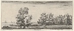 Fire, a flotilla on fire in center and to the right, two boats full of people to left, from 'The four elements' (Les quatre Eléments) by Stefano della Bella