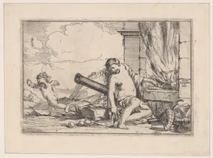 Fire, represented by Venus seated before Vulcan's forge, with armor, a cannon, and cannon balls surrounding her, she turns her head toward Cupid, who stretches his body away from her, from "The Elements"