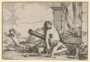 Fire, represented by Venus seated before Vulcan's forge, with armor, a cannon, and cannon balls surrounding her, she turns her head toward Cupid, who stretches his body away from her, from "The Elements"