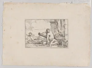 Fire, represented by Venus seated before Vulcan's forge, with armor, a cannon, and cannon balls surrounding her, she turns her head toward Cupid, who stretches his body away from her, from "The Elements"
