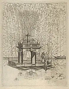 Fireworks display with triumphal arch supported by three pontoons on the water, decorated with symbols of Louis XIV by Anonymous, French, 17th century