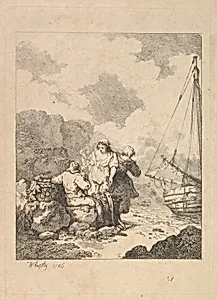 Fishermen by the Shore – Coastal Scene with a Man Sitting on Rocks and Smoking a Pipe, Next to a Standing Young Woman, with a Second Woman Behind by Thomas Rowlandson|Francis Wheatley
