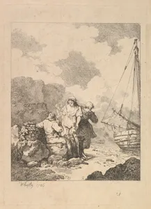 Fishermen by the Shore – Coastal Scene with a Man Sitting on Rocks and Smoking a Pipe, Next to a Standing Young Woman, with a Second Woman Behind