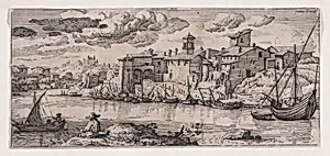 Fishermen on a river across from a town by Anonymous