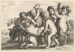 Five boys, two satyrs and a goat