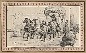 Five horses pulling a carriage with passengers