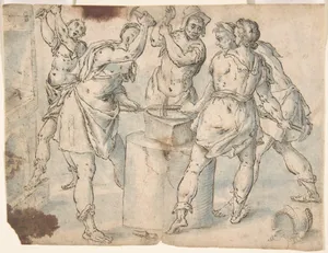 Five Men Around an Anvil, verso: Figures in a Wood (The Preaching of Saint John the Baptist?)