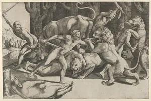 Five men fighting beasts, at lower left is a fallen boar